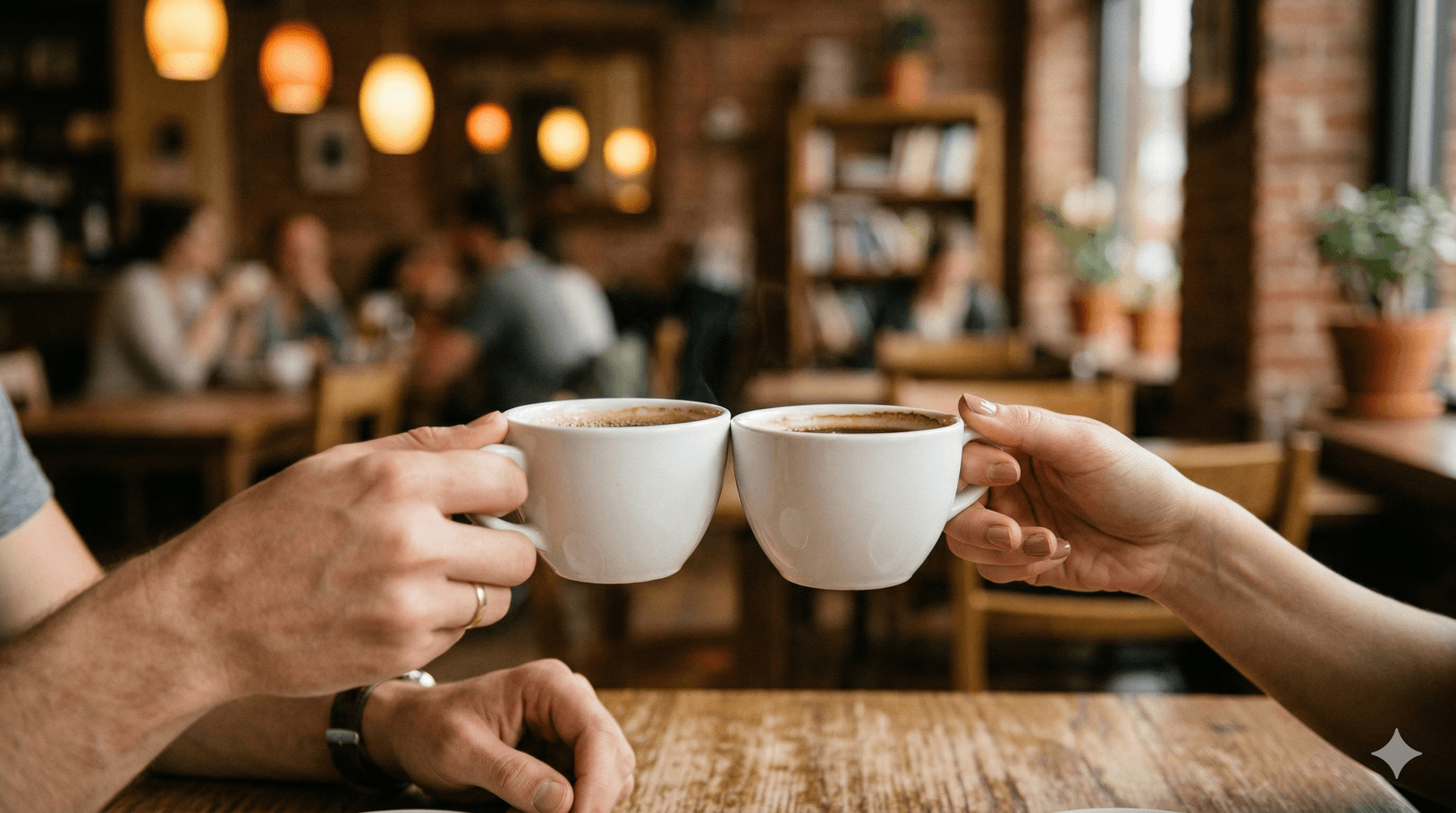 Two people meeting over coffee in a cozy cafe