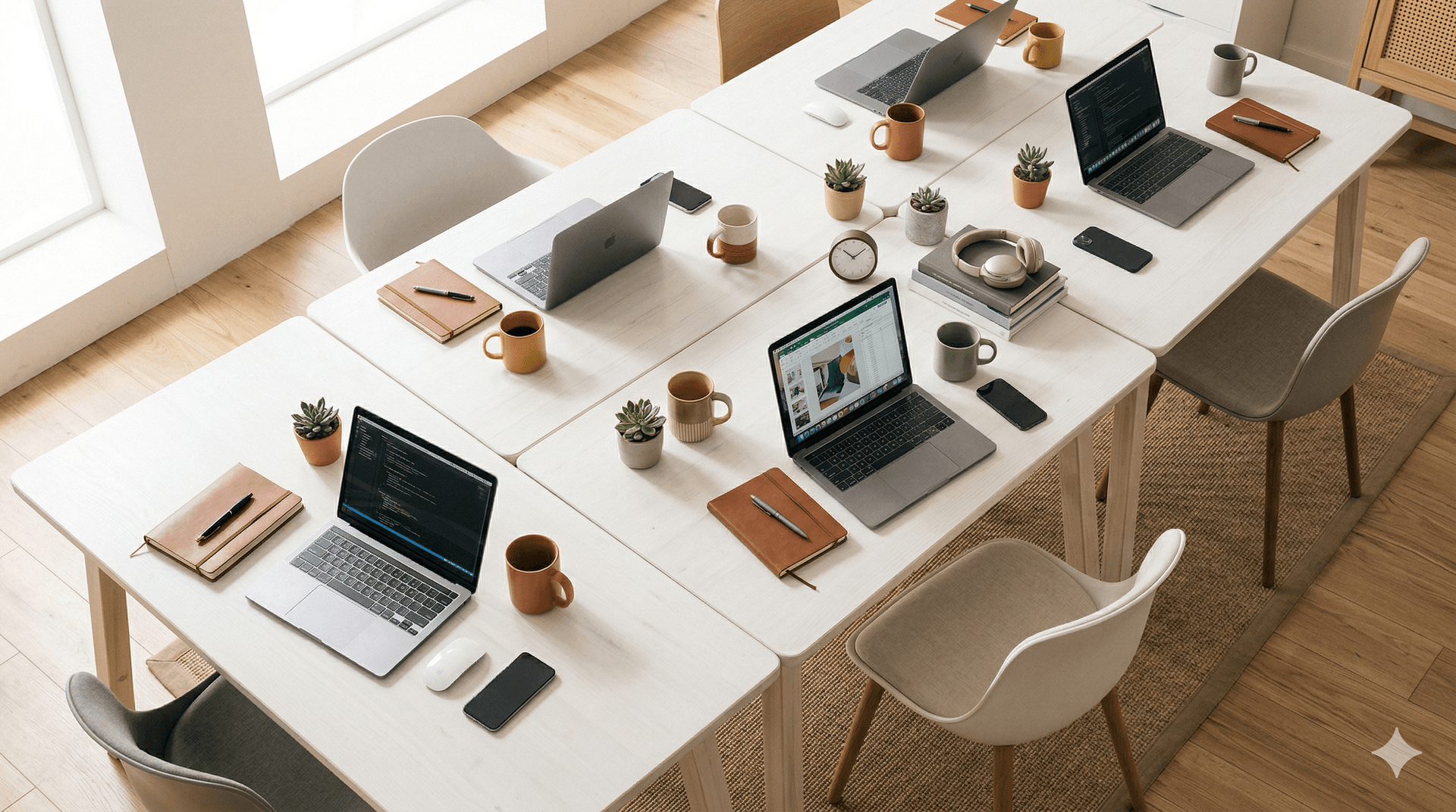 Modern office workspace with coffee mugs and laptops